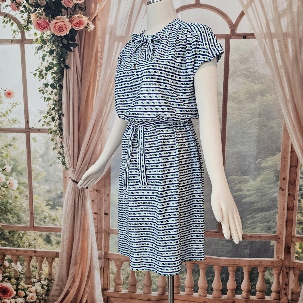 Vintage 1960's Dress‎ White Blue Green Print Bow Belt Retro Short Sleeve